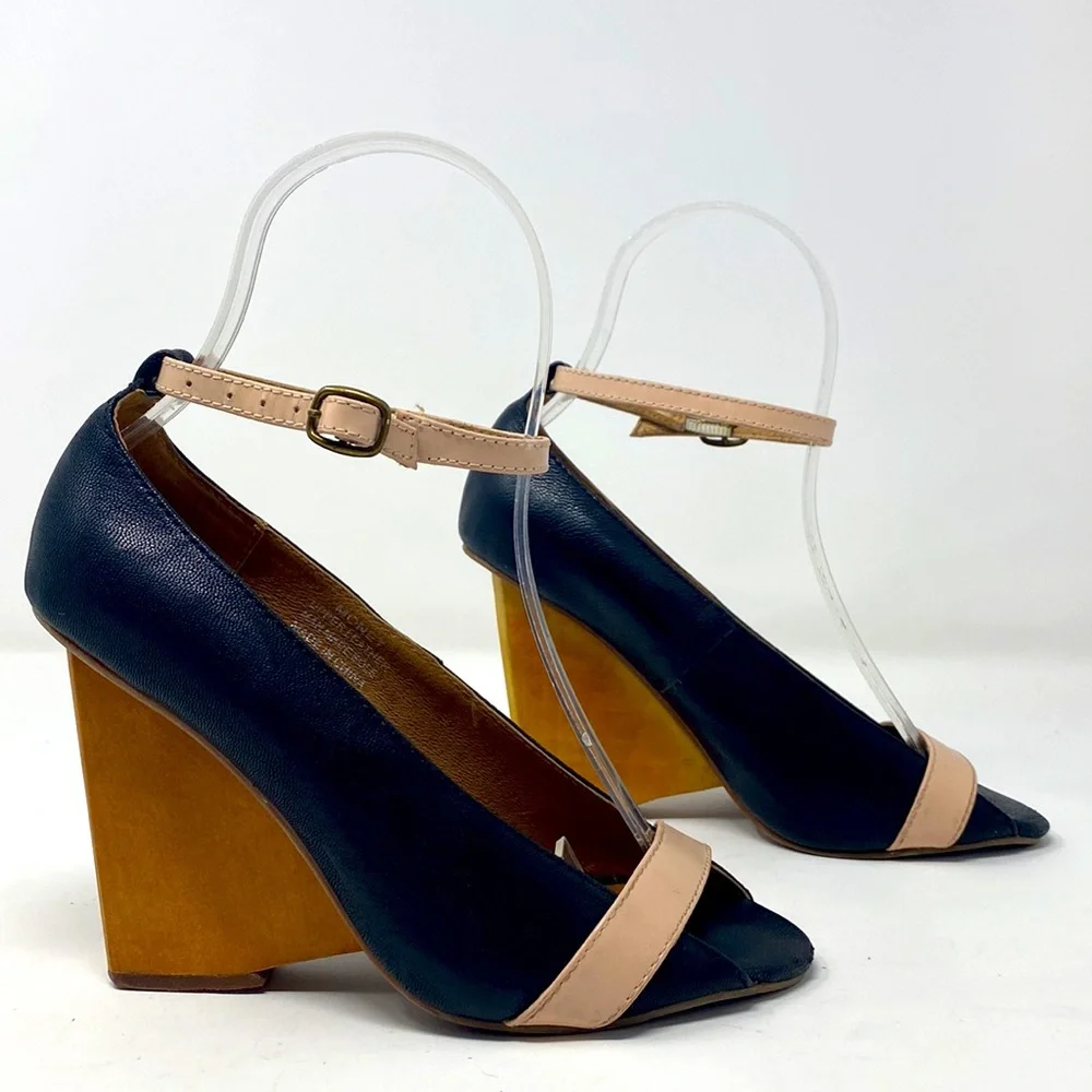 Jeffrey Campbell Havana Last Wedge Heels Navy Nude Leather Size 5M